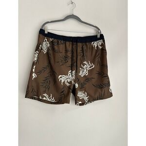 Reef Mens Swim Trunks Shorts Brown Hawaiian Print Elastic Waist Drawstring XL